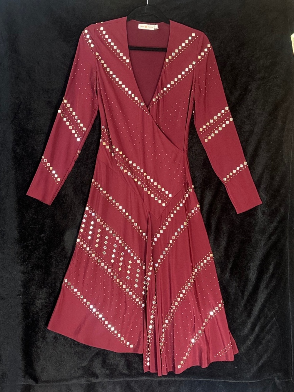 Tory Burch Runway Silk Red Agate Embellished Tie-Neck Dress Mirror Studs Size 2